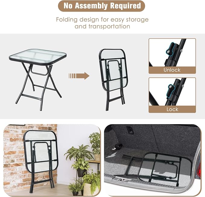 Tangkula Patio Bistro Table, 18" Square Glass Top Side Table with Rustproof Frame, Folding Coffee Table for Patio, Balcony, Backyard, Poolside(Black)