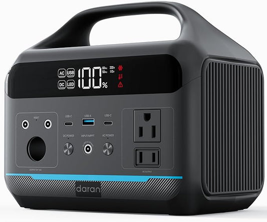 DARAN Portable Power Station 600W(1200W Surge) - 288Wh Solar Generator LiFePO4 Battery with AC DC Outlets, 8.3LB Portable Charging Station for Camping, RV, Home, Emergency (Solar Optional)