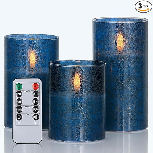 Flickering Flameless Candles with Remote - 3D Wick Battery Operated Candles with Timer, Blue Glass Fake LED Candles for Party Wedding Birthday Holiday Festival Christmas Home Decor Gifts