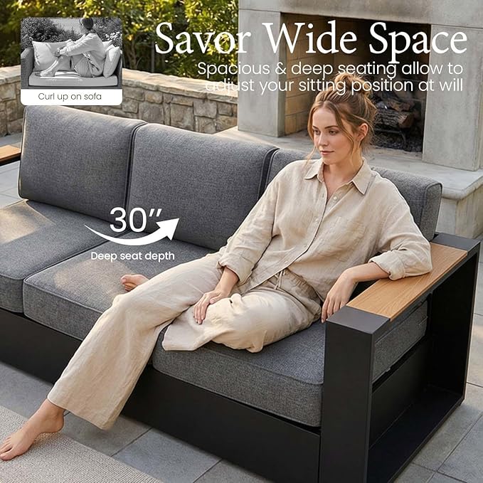 LayinSun 4 Pieces Aluminum Patio Furniture Set with Fire Pit Table, Oversized Outdoor Conversation Set 4 Seats with 6" Thick Cushions for Outside Porch, Balcony, Deck