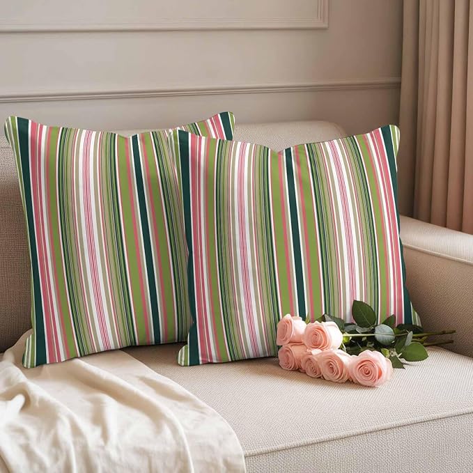 Outdoor Waterproof Throw Pillow Covers Set of 2 Sage Green Striped Pillowcases 16x16 Inches Geometric Pink Stripes Decorative Pillows Cushion Case Patio Pillows for Couch Bed Chair Garden