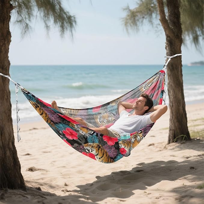 Camping Hammock Outdoor Hammocks for Outside Tiger Hibiscus Flower Beach Trees Portable Lightweight with Pockets Tree Straps Indoor
