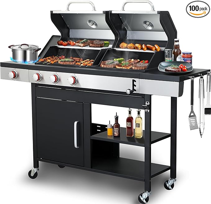 Propane & Charcoal Grill Combo with Cast Iron Grate & Plate, Dual Fuel BBQ Grill for Outdoor Events & Backyard Barbecue with Easy-Clean System, Stainless Steel Lids, Side Burner