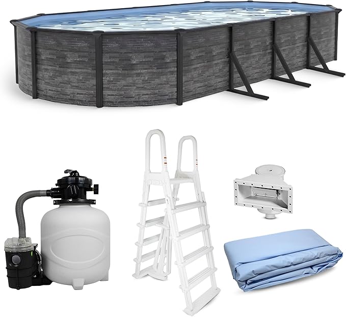Blue Wave Marbella 12x24-ft Oval 52-in Deep Hard Sided Steel Frame Above Ground Pool with 6-in Steel Top Seats, 0.5 HP Sand Filter System, Ladder, Skimmer & Liner – 6,300 Gallon Cap for Family Use