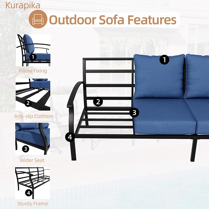 Kurapika Metal Patio Furniture Set 5-Seat Modern Metal Bistro Set Outdoor Conversation Sets, 2 Piece Patio Rocker Chairs with Thick Cushion and Coffee Table for Garden Backyard Deck Lawn, Navy Blue