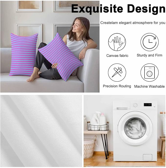 Lumbar Pillow Covers 20x12 Inch Set of 2, Purple Striped Waterproof Outdoor Cushion Covers, Geometric Pink Vertical Solid Rainbow Decorative Pillowcases for Couch, Sofa, Bed, Garden, Patio