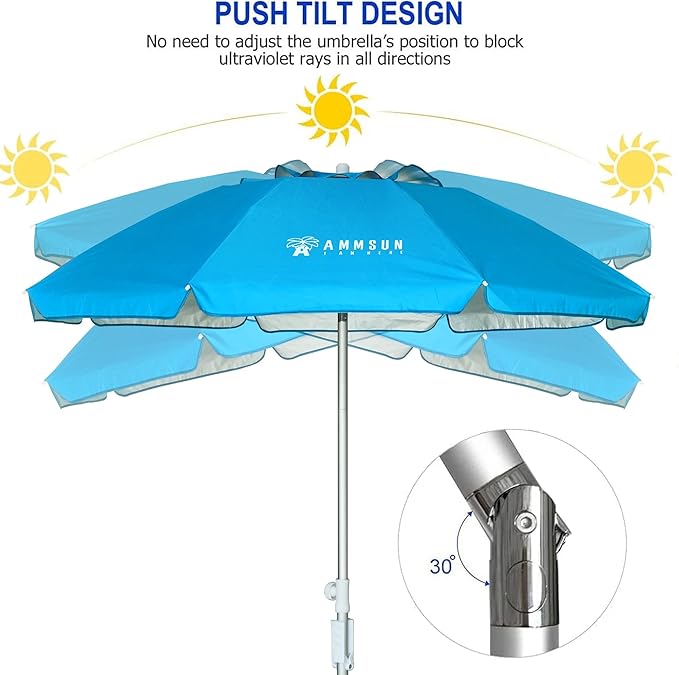 AMMSUN 6.5ft Twice Folded Portable beach umbrella with Sand Anchor Windproof Tilt Pole Air vent UPF 50+ Protection Fits in a large Suitcase Compact For Travel Patio Garden Pool Backyard Sky Blue