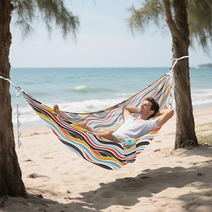 Camping Hammock Outdoor Hammocks for Outside Colorful Wavy Line Beach Trees Portable Lightweight with Pockets Tree Straps Indoor
