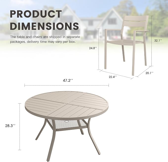 Patio Dining Set for 6, Round 47.3" Patio Dining Table and Stackable Outdoor Dining Chairs Outdoor Furniture for Backyard Porch Deck, Spliced Sandshell Table and Sandshell Chairs