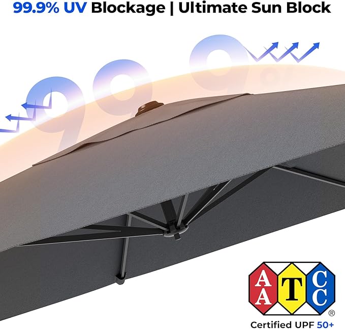 HOMSHADE 10x10 FT Cantilever Patio Umbrella Outdoor with Base- Large Offset Heavy-Duty Aluminum Umbrella with 360° Rotation, 6 Tilts, Windproof, 3-Year Fade Resistance for Pool Deck, Square, Grey