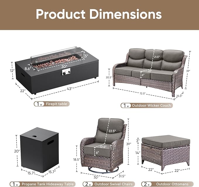 HUMMUH Luxury Patio Furniture Set 6-inch Thick Cushions High Back Swivel Rocker Chairs & 3 Seater-Couch & Steel Fire Pit Table 7 Pieces Outdoor Conversation Set for Porch,Deck,Backyard
