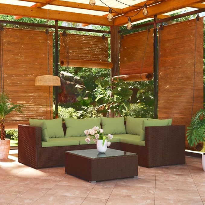 5 Piece Patio Lounge Set with Cushion, Piece Patio Set Outdoor Patio Sectional Patio Lounge Set Furniture Conversation Sets s Poly Rattan Brown