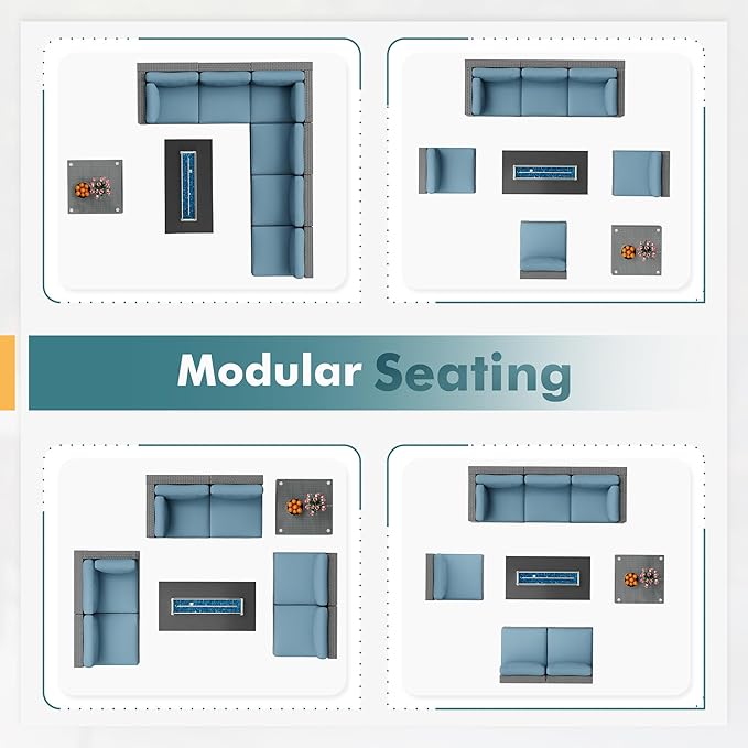 8 Pieces Outdoor Patio Furniture Set with 45” Propane Gas Firepit Table, Grey Wicker Patio Sectional Sofa Set, Outdoor Couch with Cushion and Tempered Glass Table, Sky Blue
