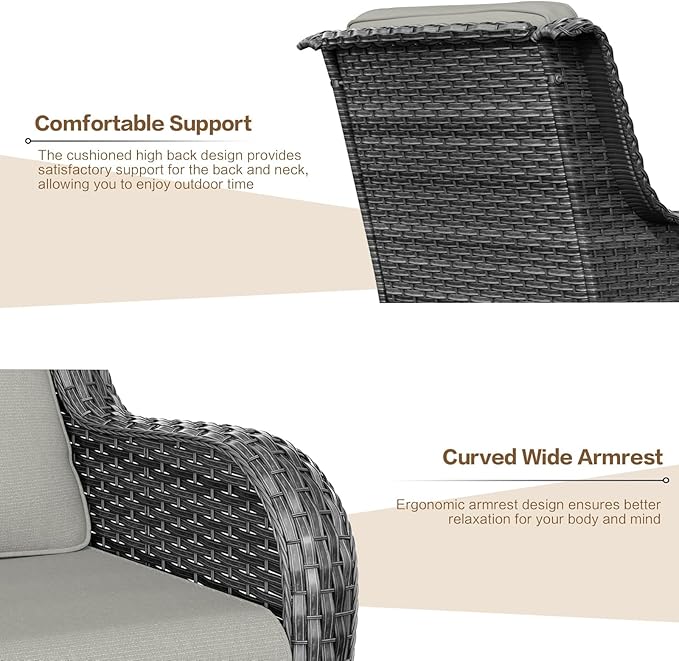 3 Pieces Patio Furniture Conversation Set PE Rattan Wicker Outdoor with 2 Armrest Chair and 1 Coffee Side Table, Soft Thick Washable Cushion for Yard Backyard Poolside Garden (Grey/Beige)