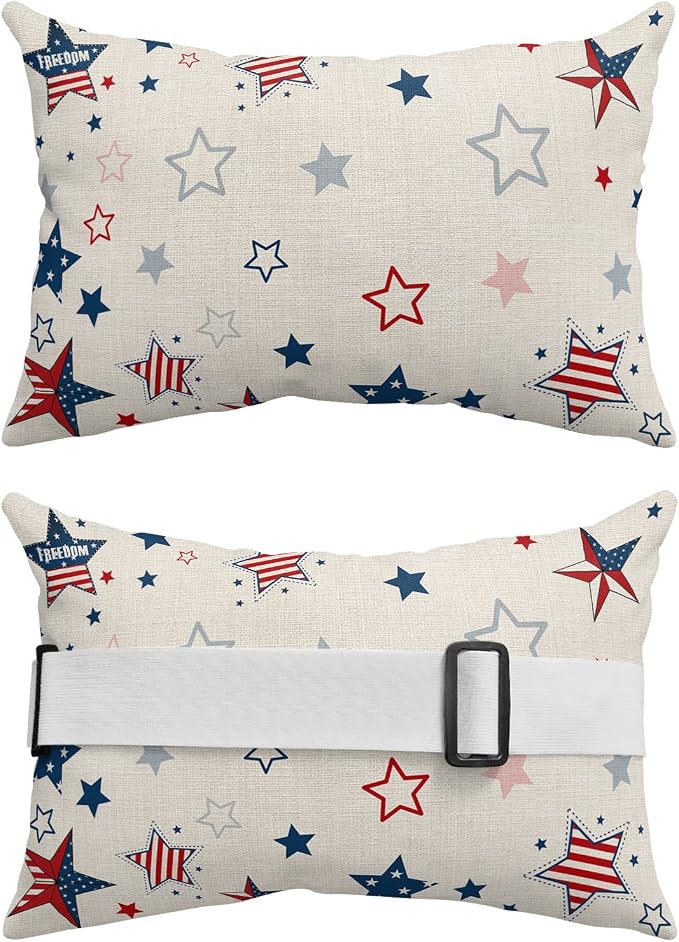 Outdoor Pillows Covers with Inserts 4th of July USA Flag Star Beige Waterproof Recliner Pillow with Adjustable Strap Throw Pillows for Patio Furniture Pool Lounge Chair, 11x16 inch, 1PCS