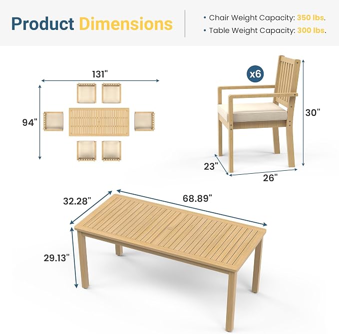 Wisteria Lane 7 Pieces Acacia Outdoor Patio Table and Chairs Set for 6, Patio Outdoor Dining Table Set with Cushion, Modern Outdoor Patio Set for Deck Lawn Backyard Garden, Brown