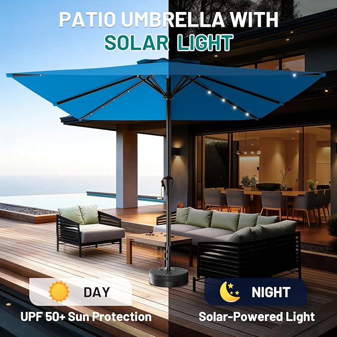 AreShark 8' X 10' Rectangular Patio Umbrella with Solar Lights, Lighted Solar Umbrella with Crank, Outdoor Table Umbrella for Garden, Deck, Backyard, Pool and Beach, Royal Blue