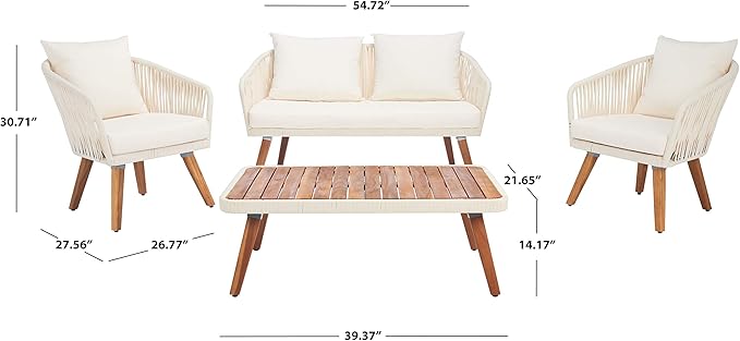 SAFAVIEH Outdoor Collection Ransin Beige/Beige/Natural Solid Wood 4-Piece Conversation Patio Set
