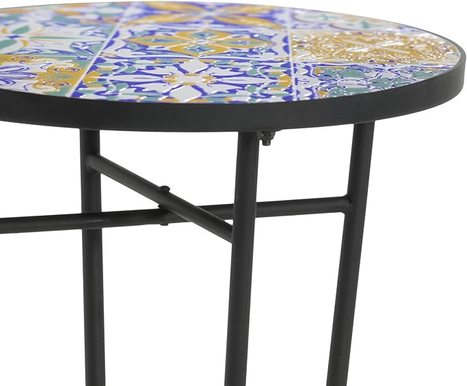 Outdoor Metal Side Table with Ceramic Tile Top Mosaic Patio Side Table and Plant Stand Tables, Round Side Table Iron End Tables for Yard Porch Balcony Garden, Daisy Blue &Yellow