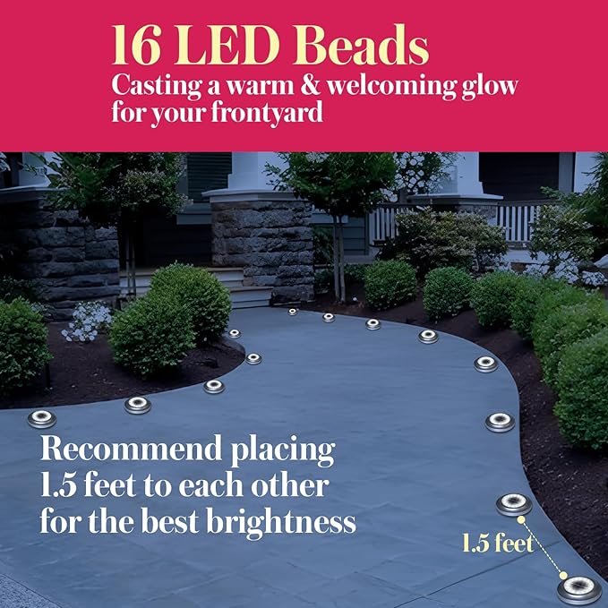 Solar Ground Light 8 Packs, Upgraded 16-LEDs Solar Outdoor Light for Patio, Mower-Friendly Withstand 200lbs Solar Powered Lights, IP66 Waterproof & Reusable Spike, Cool White