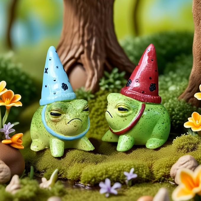 Charming Resin Frog Figurines with Hats, Miniature Garden Animal Statues, Decorative Flower-Themed Fairy Garden Accents for Succulent Planters, Outdoor & Indoor