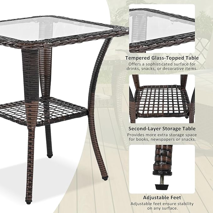3-Piece Outdoor Chair&Table Set Chat Set, Patio Wicker Chairs Swivel Rocker, Patio Conversation Set with Two Swivel Chairs and a Square Table, 2-Person Rattan Seating Groupfor Deck Backyard, Brown
