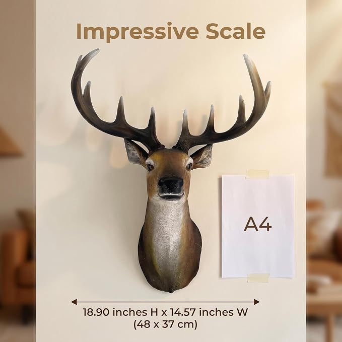 Deer Head Wall Decor, 19 Inch Large Stag Buck Horns | Faux Taxidermy, 3D Resin, Lifelike Wildlife Statue, For Living Room Cabin Hunting Lodge Man Cave
