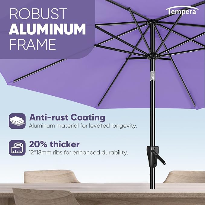 Tempera Patio Market Outdoor Table Umbrella with Push Button Tilt and Crank, Large Sun Umbrella with Sturdy Pole & Fade Resistant Canopy, Easy to Set