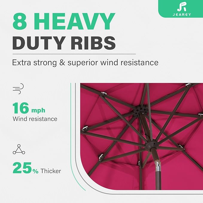 JEAREY 9FT 3 Tier Patio Umbrella Outdoor Market Umbrella Table Umbrellas with 8 Ribs 1.5 Pole Push Button Tilt and Crank UV Protection for Garden,Backyard,Pink