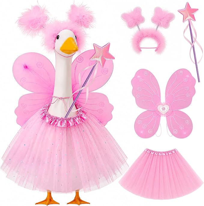 5pcs Butterfly Porch Goose Outfit Costume Tutu Skirt Butterfly Wing Wand Flower Crown for 17‘' 23‘' Cement Goose