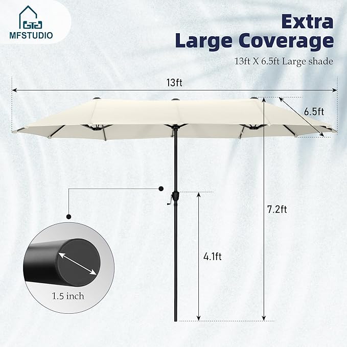 MFSTUDIO 13ft Outdoor Patio Umbrella, Double Sided Large Rectangular Umbrella Market Table Twin Triple Rectangle Umbrellas with Crank Handle for Outside Picnic Backyard Deck Pool (no base)