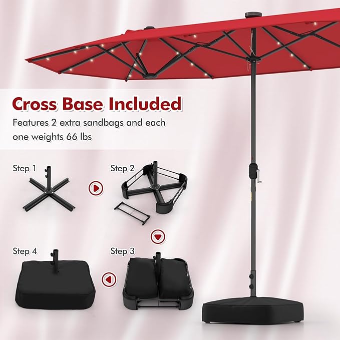 HAPPYGRILL Double-Sided Patio Umbrella with Solar Lights, 13FT Large Umbrella with Base Included, Crank Handle, Market Twin Table Umbrella for Outdoor Backyard Garden Poolside