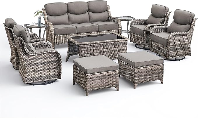 Luxury 10 Pieces Patio Furniture Set, Wicker Swivel Rocker Patio Chairs with 6" Thick Cushion, Outdoor Wicker Sofa with Coffee Table, All Weather Outdoor Conversation for Garden Porch(Grey/Grey)