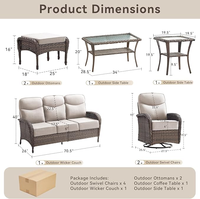 10 Pieces Luxury Outdoor Patio Furniture Set with 6-Inch Thick Cushions, Wicker Outdoor Furniture with High Back Swivel Patio Chairs Set of 4, Wicker Conversation Set for Deck Garden Porch, Beige