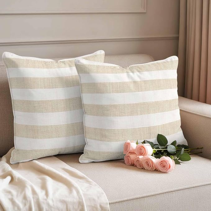 Waterproof Pillow Covers Set of 2,Vintage Yellow Stripe on Linen Outdoor Pillow Protectors with Zipper Pillowcases for Patio Tent Garden Beach 16x16 Inches Farmhouse Line