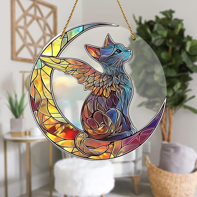 8x8 inch Charming Cat Angel Acrylic Stained Glass Window Hanging Sun Catcher Decor Stained Panel Hangings Wall Art Decor, for Friends and Family (Cat Angel)