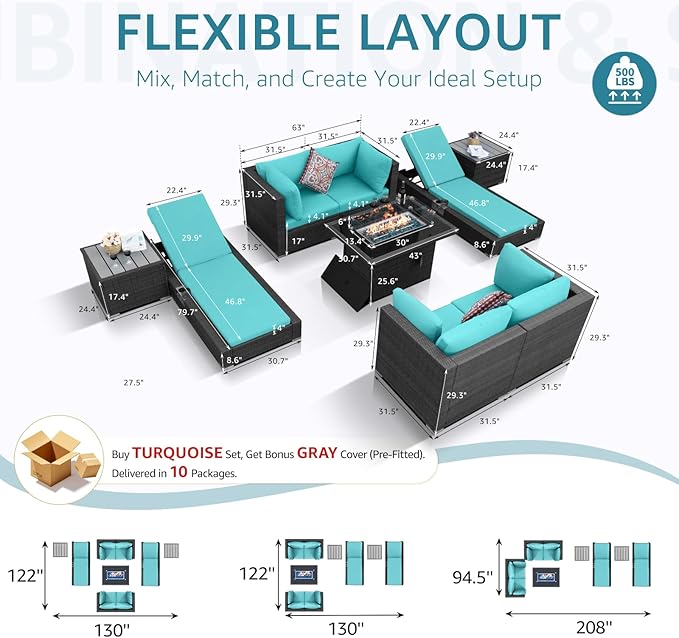 NICESOUL 9 Piece Patio Furniture Set with Firepit, Modern Outdoor Sectional Couch with Chaise Lounge, Comfy 29.3'' High-Back Backyard Seating, All-Weather Modular Sofa for Garden, Yard, Grey & Teal