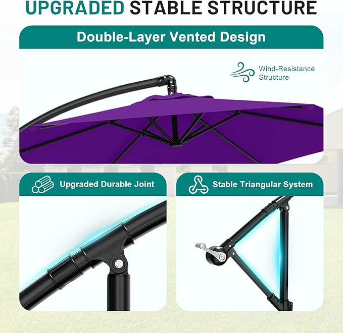AreShark 10FT Patio Outdoor Umbrella, Offset Patio Umbrella Cantilever Umbrella, 6 Sturdy Ribs, Easy Adjustment for Garden Market Pool with Cross Base (Dark Purple)