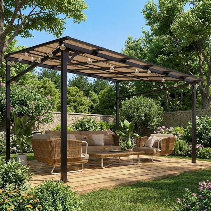 10x12ft Lean to Gazebo with Polycarbonate Hardtop Roof - Hardtop Wall Pergola, Aluminum Frame Wall Mounted Gazebo for Patio, Deck, Yard, Garden & Party Shade