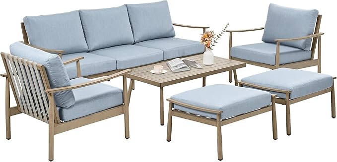 6 Pieces Aluminum Outdoor Patio Furniture Sets with Coffee Table, Cushioned 3-Seat Couch and Armchairs with Ottomans, All Weather Conversation Set for Yard Proch Deck, Blue & Brown