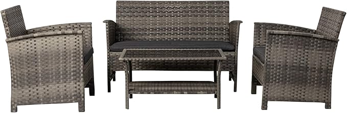 Balkene Home 63177 Patio Sense Jareth All Wicker Wicker Conversation Sofa, Two Armchairs & Table Cushions Included for Outdoor Patio Lawn Porch Outdoor - Storm Gray Finish - Set of 4 Pieces