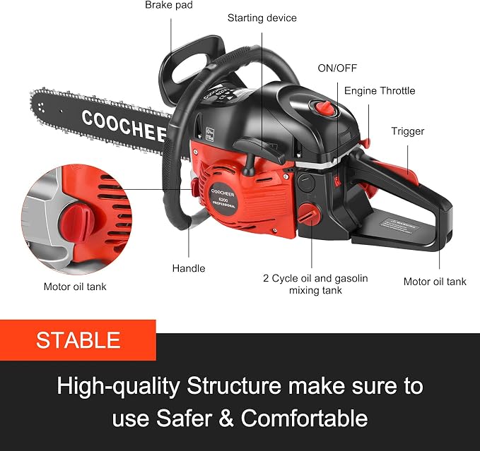 COOCHEER 62CC Gas Powered Chain saws, 20Inch 3.5HP 2-Stroke Gasoline Chain Saw with for Tree Stumps, Limbs, Tree Felling, and Firewood Cutting