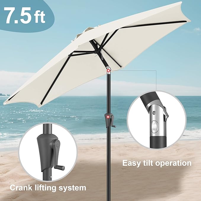 FLAME&SHADE 7.5ft Patio Umbrella - Outdoor Umbrella with Push Button Tilt and Crank for UV Protection, Table Market Umbrella for Garden, Deck, Backyard, Pool and Beach(Ivory)