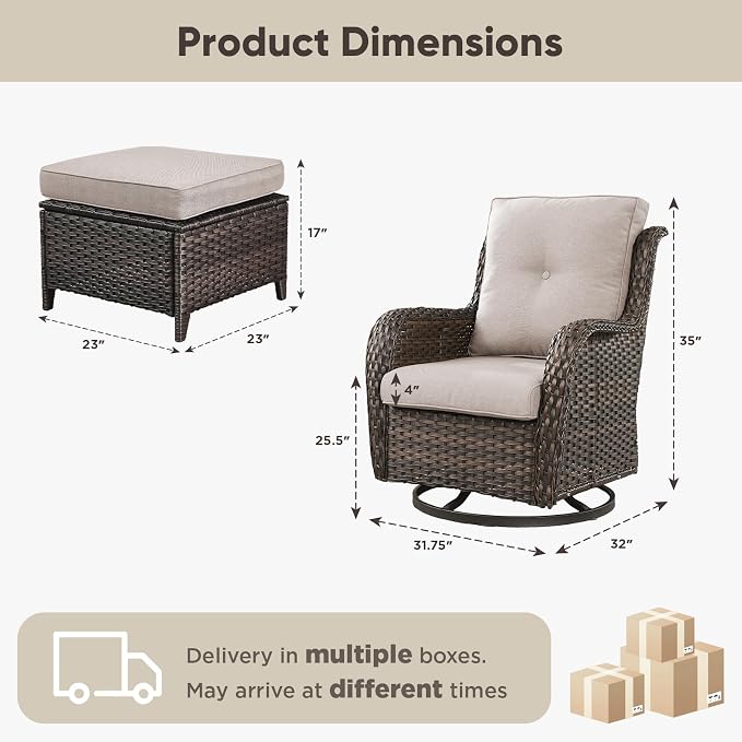 Belord Outdoor Swivel Chairs Set of 2,Patio Wicker Rocker Chairs with Ottomans, All Weather Patio Conversation Furniture Set, Ideal for Porch Balcony Deck Yard, Brown Wicker/Beige