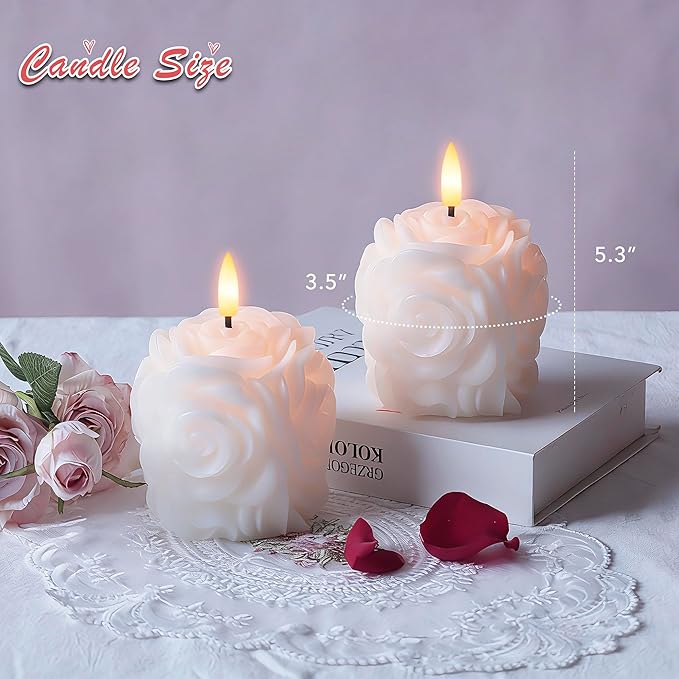 Valentine Day Rose Flameless Candles with Remote and Timer, 2 Pack Flickering LED Candles for Proposal Wedding Anniversary Romantic Night, White