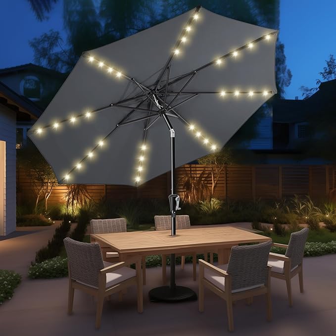 HOMSHADE 9ft Solar Patio Umbrella - Solar Lights LED Lighted Outdoor Market Table Umbrella, UPF50+ UV Protection with Push Button Tilt, Crank for Pool Deck and Garden (Dark Grey)
