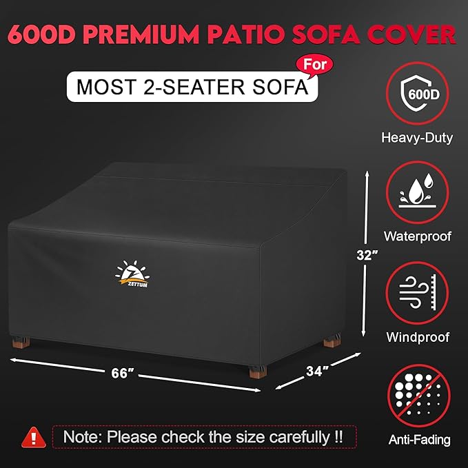 Zettum Patio Loveseat Cover 66 Inch - 600D Outdoor Couch Sofa Cover Waterproof Heavy Duty, 2-Seater Lawn Furniture Covers for Outside Sofa, Loveseat, Couch, Bench and Glider - 66 x 34 x 32 Inch