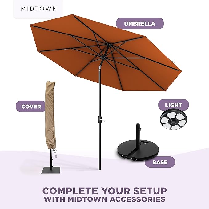 Midtown Umbrellas – The Lean 8 Ft Patio Umbrella with 10-Year-No-Fade Acrylast Acrylic Fabric, Auto-Tilt and 8 Reinforced Ribs for Deck, Pool, Garden, Hotel & Cafes – Sienna Rust Canopy, Black Pole