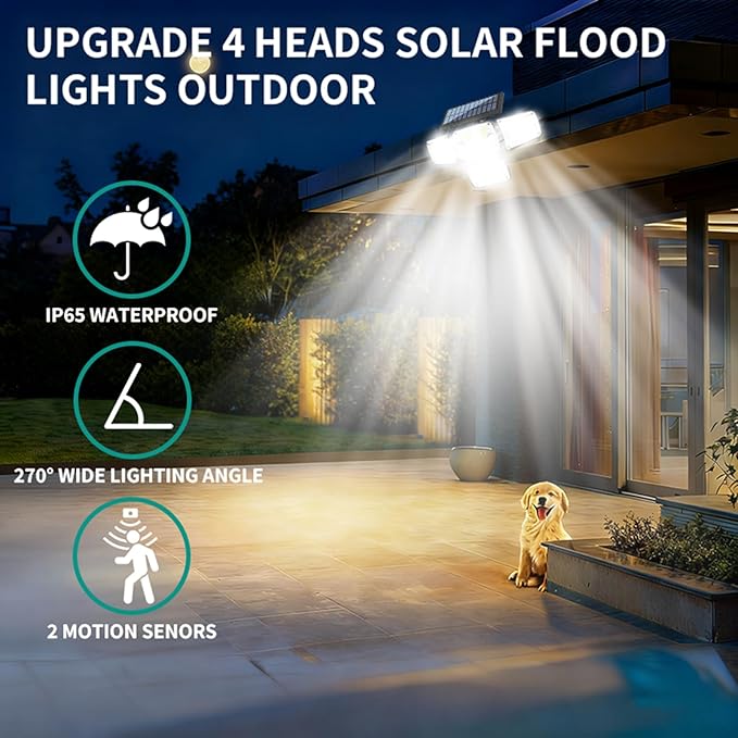 Solar Outdoor Lights, LED Motion Sensor Security Lights, IP65 Waterproof Solar Powered Security Flood Lights, 270°Wide Lighting Angle Wall Light with Sensors for Backyard Yard (2, Black)