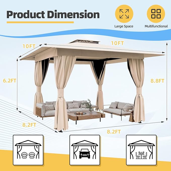 MELLCOM 10'x10' Outdoor Gazebo Kahaki for Patio, Heavy Duty Party Tent with Double Roofs, Outdoor Canopy with Curtains and Nettings for Deck, Lawn and Backyard
